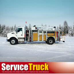 Service Truck magazine logo with ORO 14M6 mechanic service truck on Kenworth T440 with a Stellar® 12630 telescopic mechanic crane.